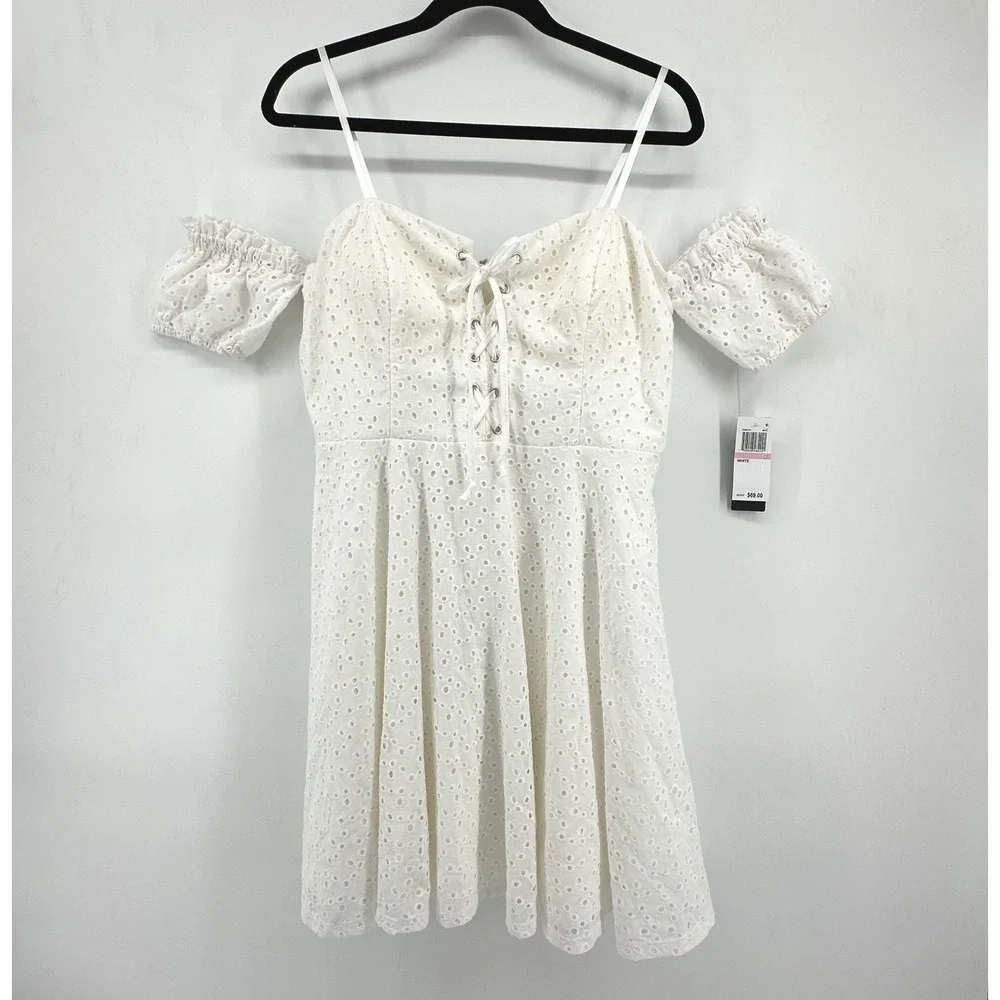 City Studio Eyelet Dress 13 White Milkmaid Cottagecore Romantic Puff Sleeve Boho